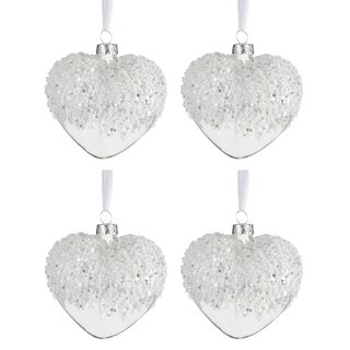 4 Weihnachtsbaumkugeln aus Glas mit Perlen in Herzform, groß